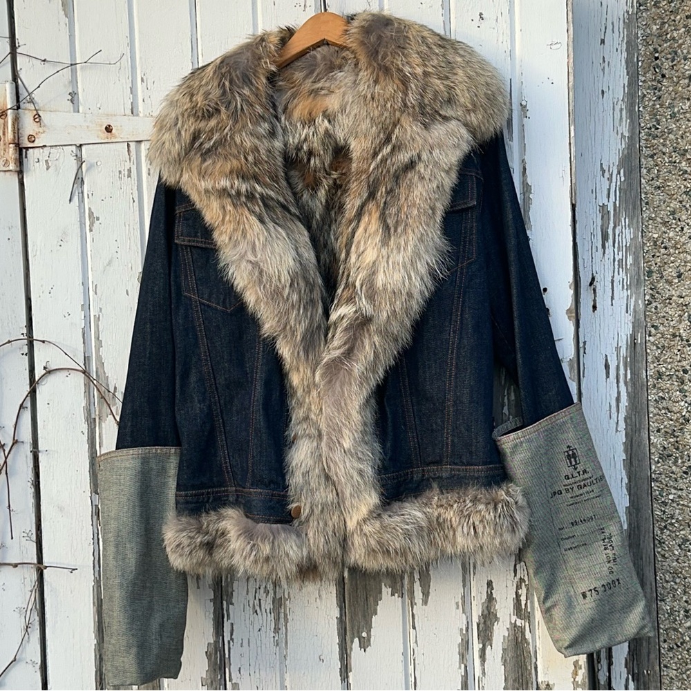 Vintage Jean Paul Gaultier JPG Jeans Coyote Fur Jacket 90s Denim L